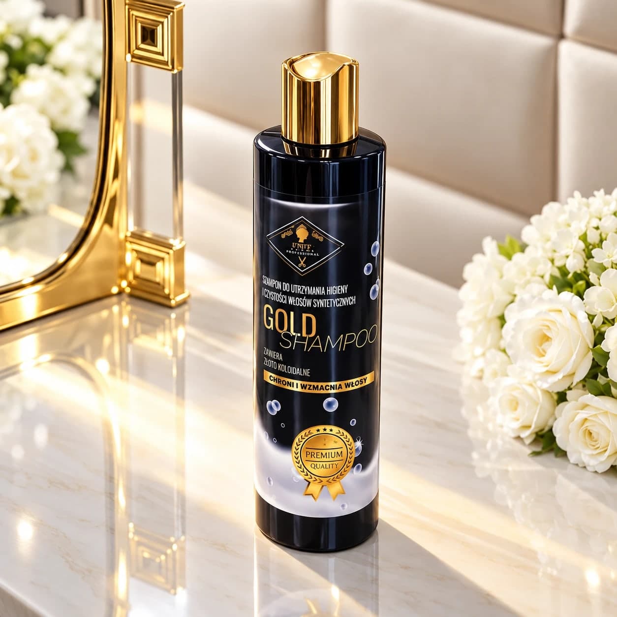 Szampon Gold Shampoo ze złotem koloidalnym na marmurowym blacie